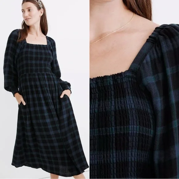 Madewell 100% Cotton Lightspun Long Sleeve Smocked Midi Plaid Dress Sz 2X ๐๐ - Picture 1 of 12